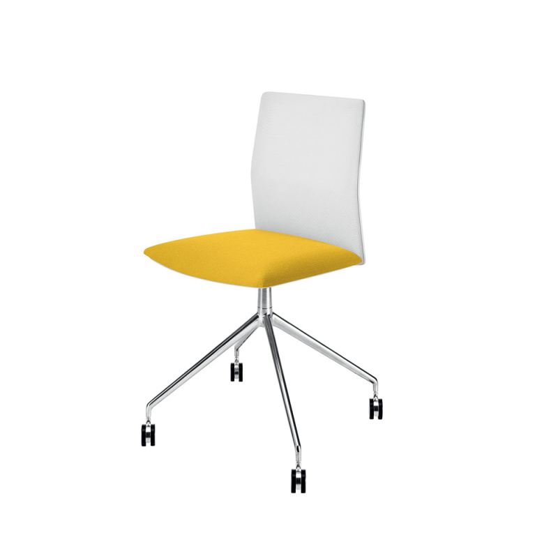 Fauteuil de bureau Kinesit d'Arper disposé dans un fond blanc. La structure du siège en aluminium moulé sous pression peint par poudre blanche, avec un mécanisme synchronisé sensible au poids. Rembourrage du siège en mousse de polyuréthane avec un revêtement en tissu jaune pour l'assise. Piètement 4 branches en aluminium moulé sous pression brillant. Pivotant avec patins roulettes autofreinantes.