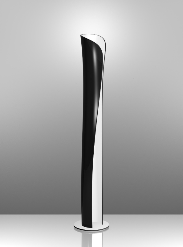 Lampadaire Cadmo d'Artemide disposé dans un fond gris. Ce dernier dispose d'une structure en acrylonitrile-butadiène-styrène, le tout de couleur noire en extérieur et blanche en intérieur.